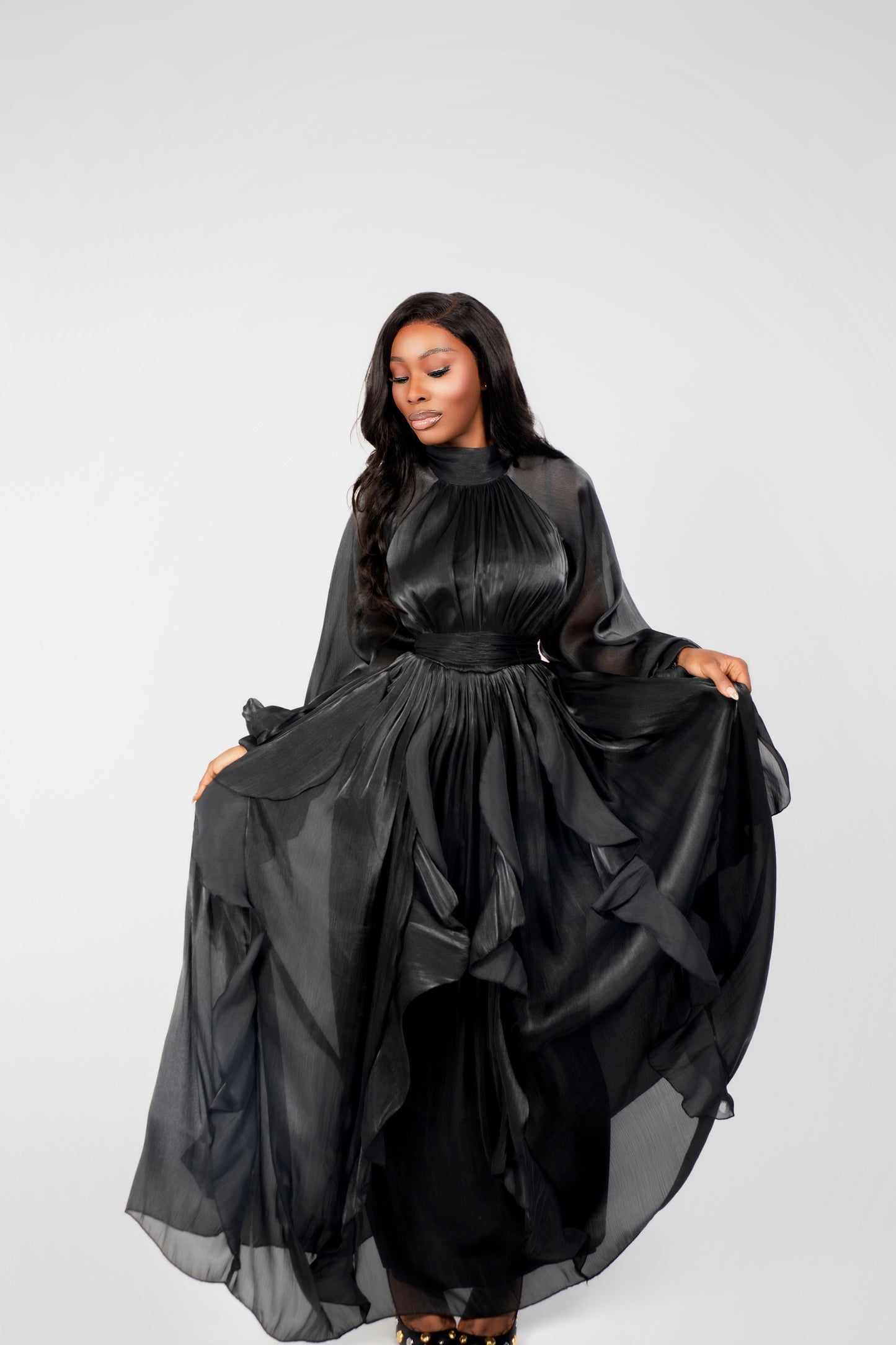 Obsidian Puff Sleeve Ruffle Trim Maxi Dress
