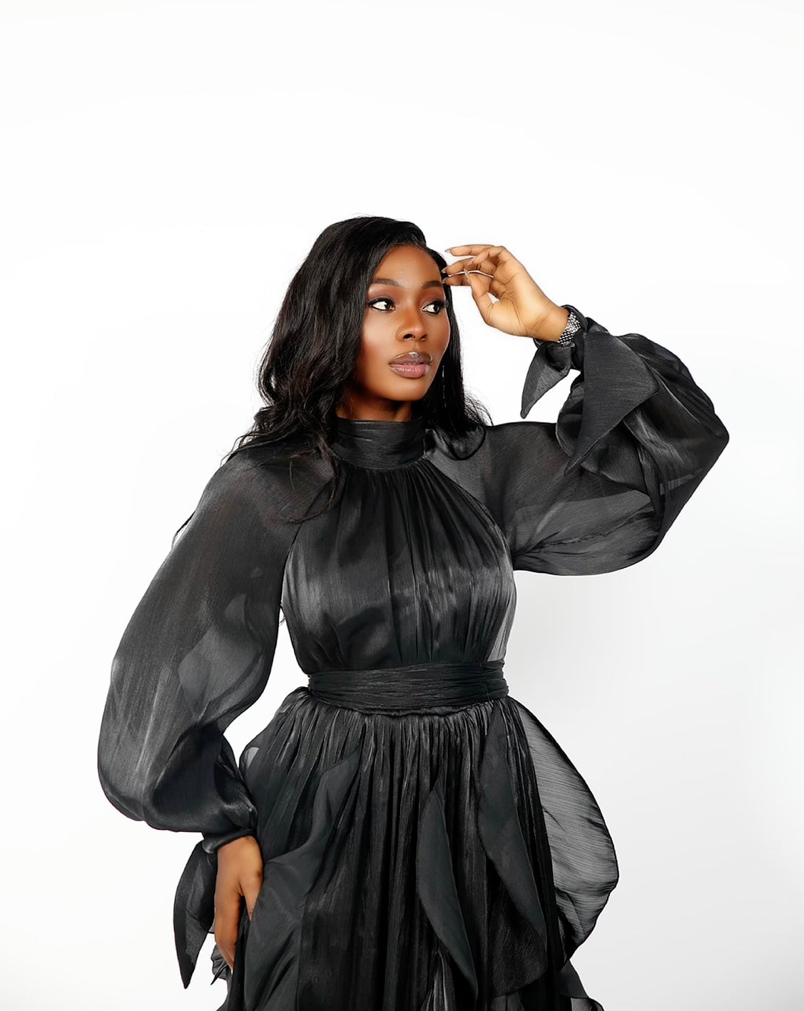 Obsidian Puff Sleeve Ruffle Trim Maxi Dress