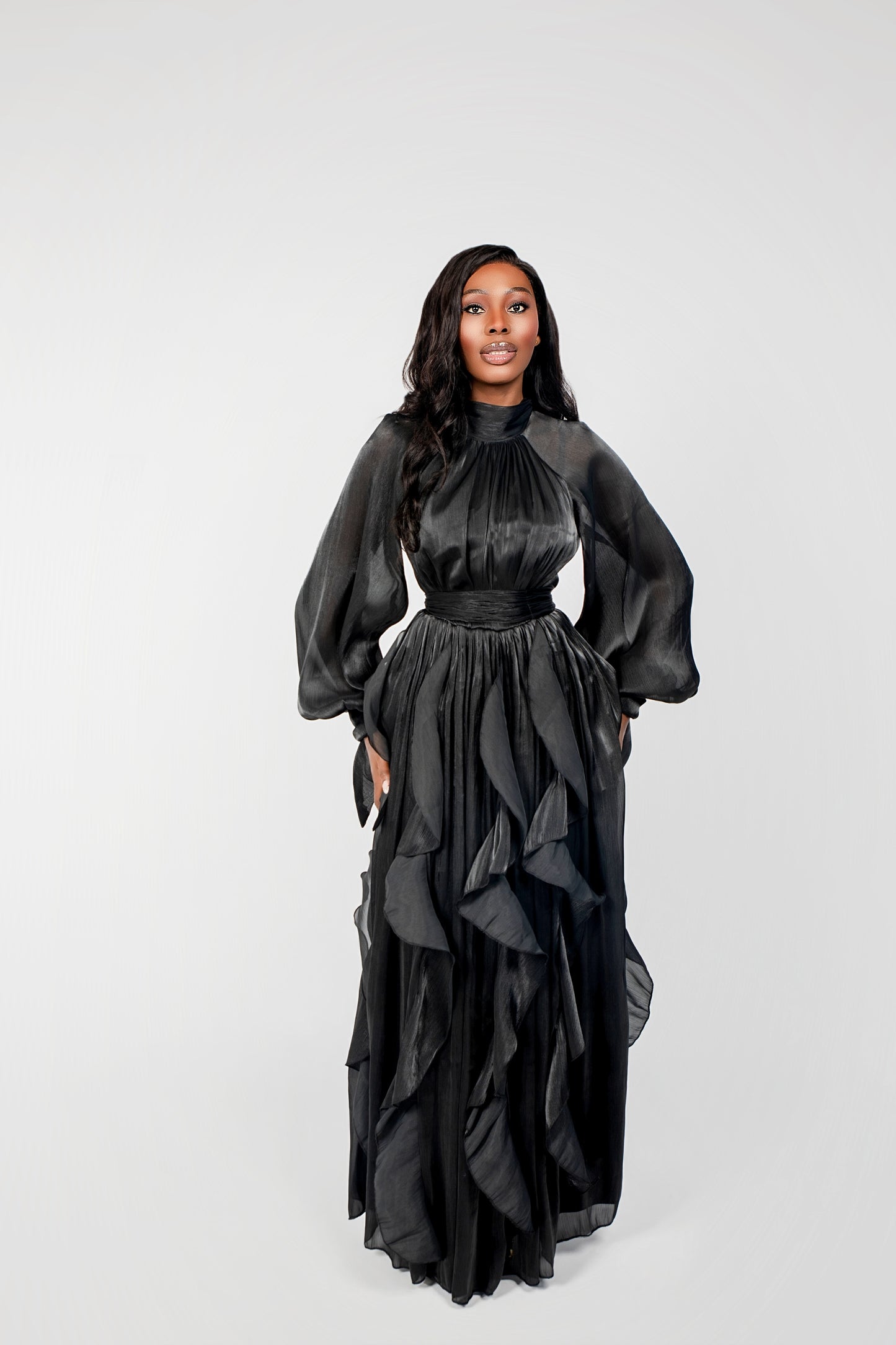 Obsidian Puff Sleeve Ruffle Trim Maxi Dress