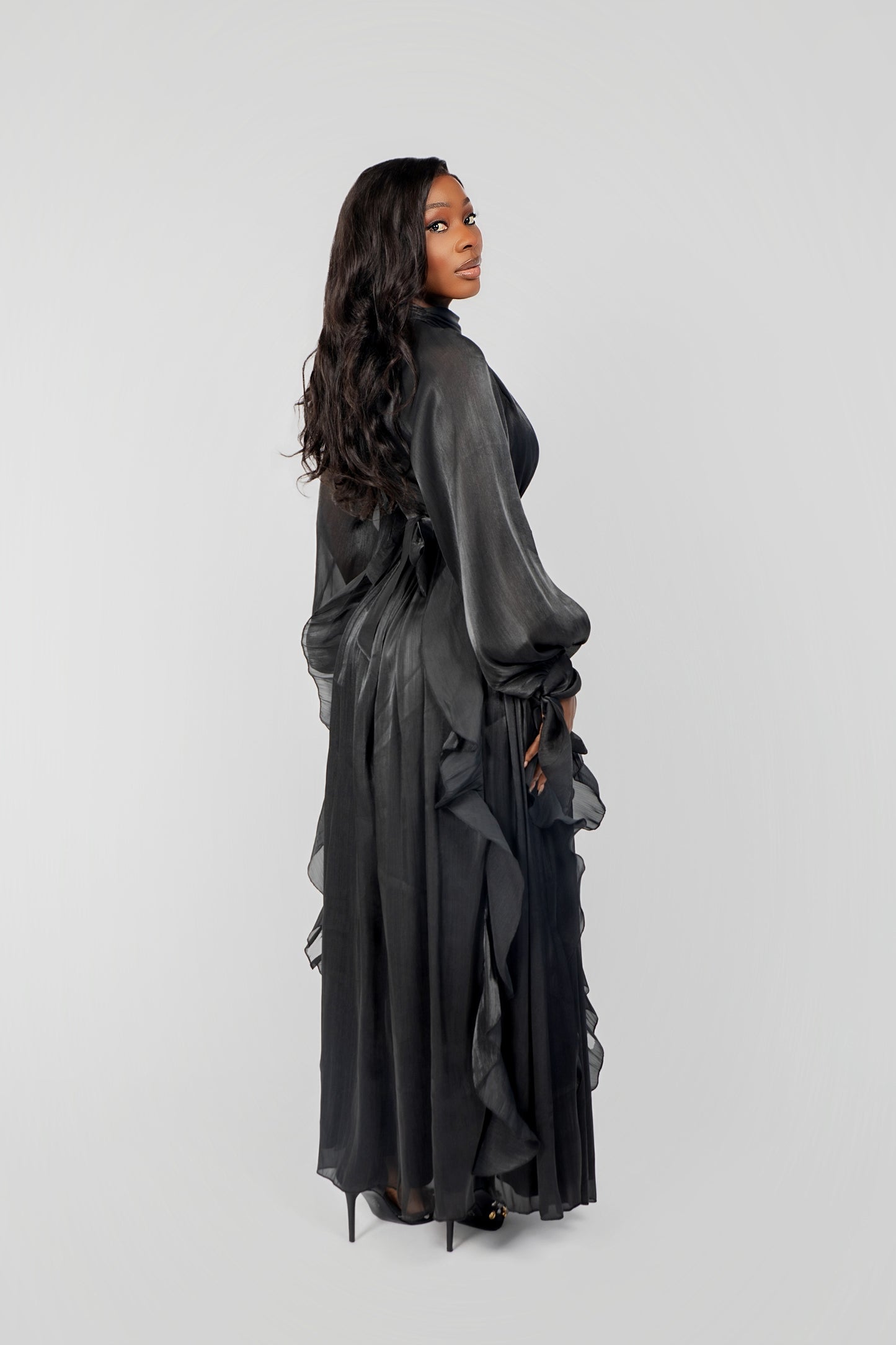 Obsidian Puff Sleeve Ruffle Trim Maxi Dress