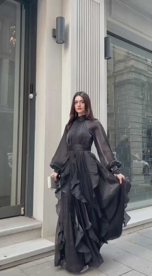 Obsidian Puff Sleeve Ruffle Trim Maxi Dress